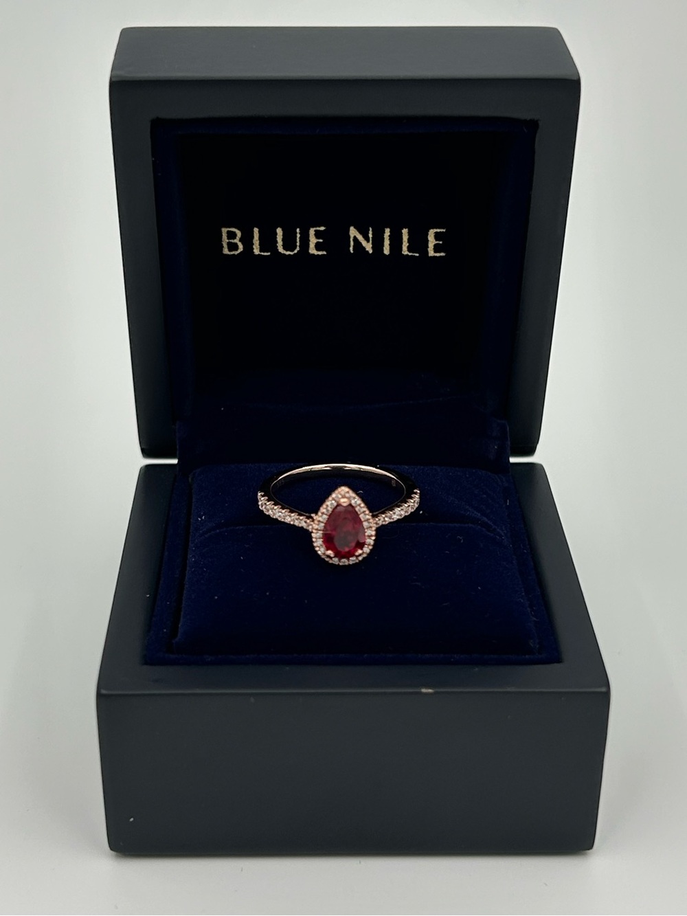 Blue Nile 14KR (585) Natural Diamond Halo Setting with Synthetic Ruby Pearshape